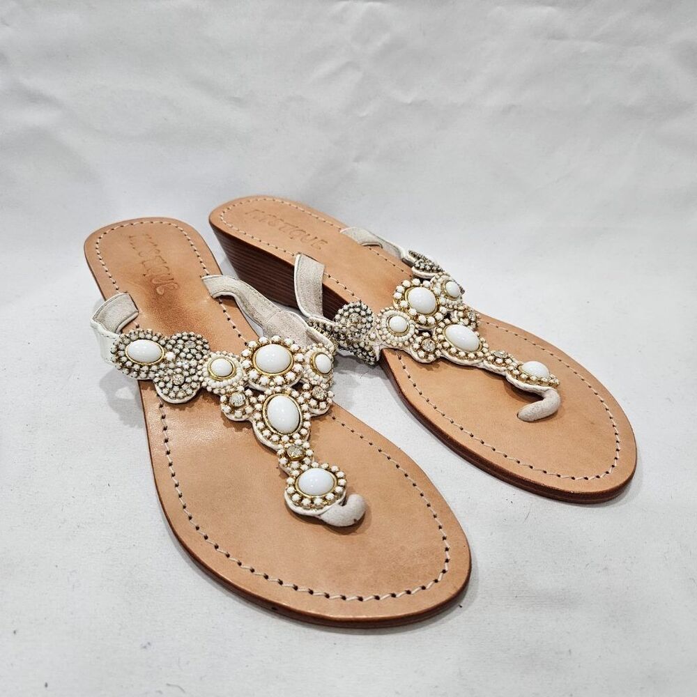 Mystique Jeweled Leather Thong Sandals White Beaded Wedge Sz 8 Boho Resort